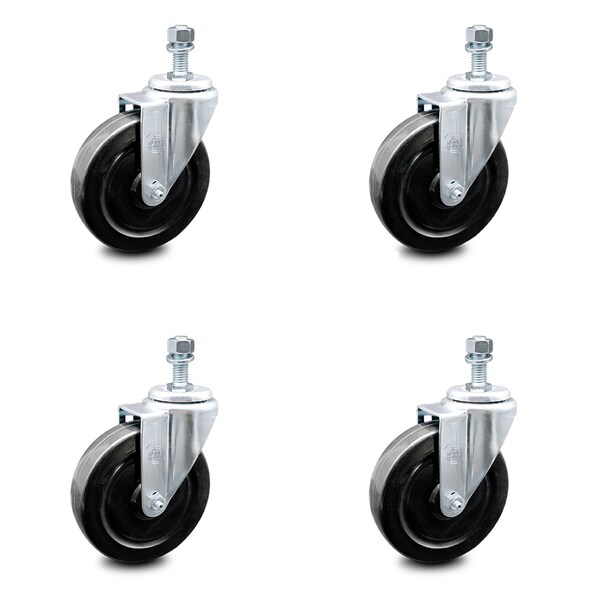 5 Inch Hard Rubber Wheel Swivel 10mm Threaded Stem Caster Set